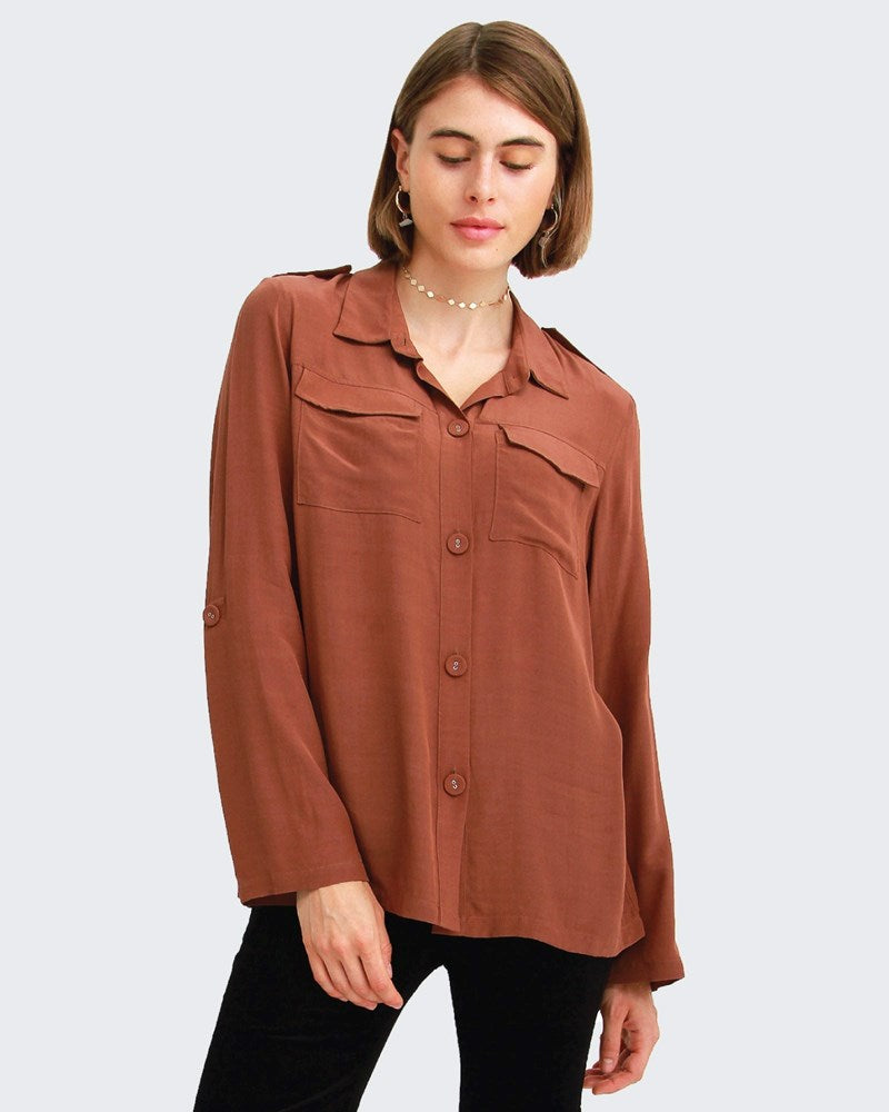 Eclipse Rolled Sleeve Blouse - Brown FINAL SALE