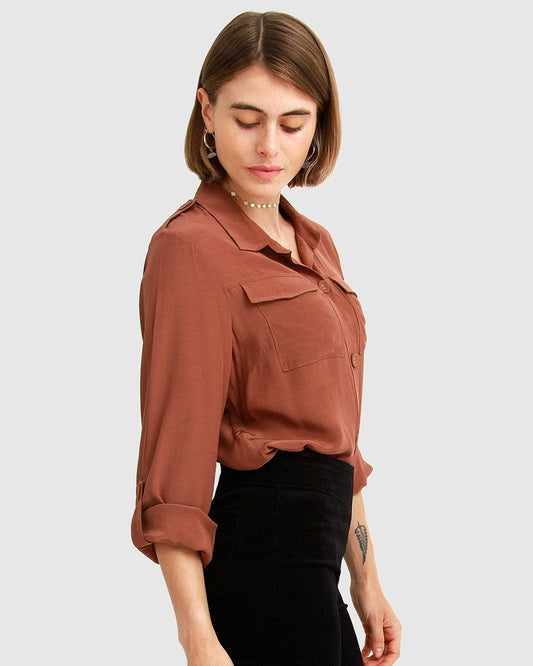 Eclipse Rolled Sleeve Blouse - Brown FINAL SALE