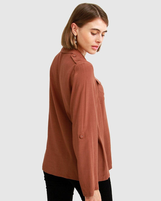 Eclipse Rolled Sleeve Blouse - Brown FINAL SALE