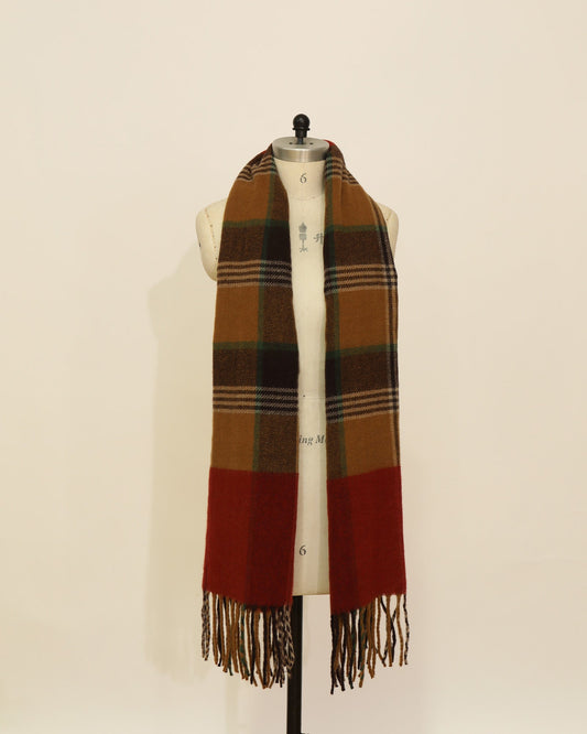 Plaid Scarf with Fringe - Brown/Burgundy