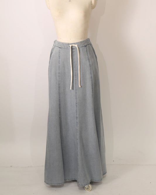 Drawstring Denim Maxi Skirt - Stonewash