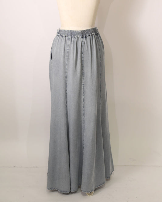 Drawstring Denim Maxi Skirt - Stonewash