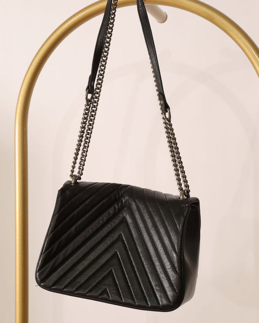 Chain Strap Leather Handbag - Black