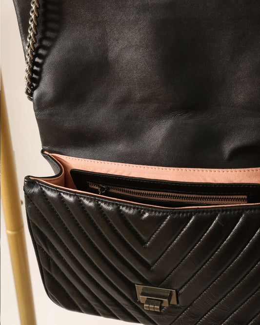 Chain Strap Leather Handbag - Black