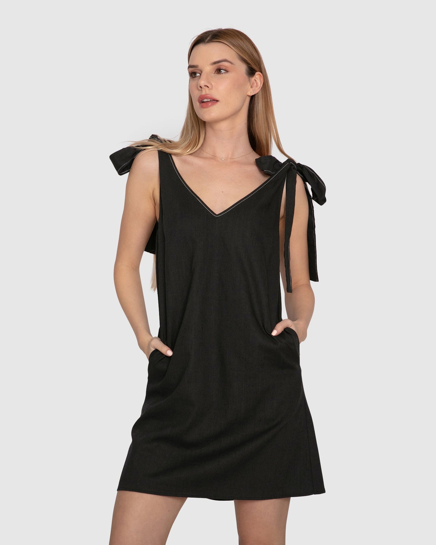 Burning Love Tie Shoulder Mini Dress - Black