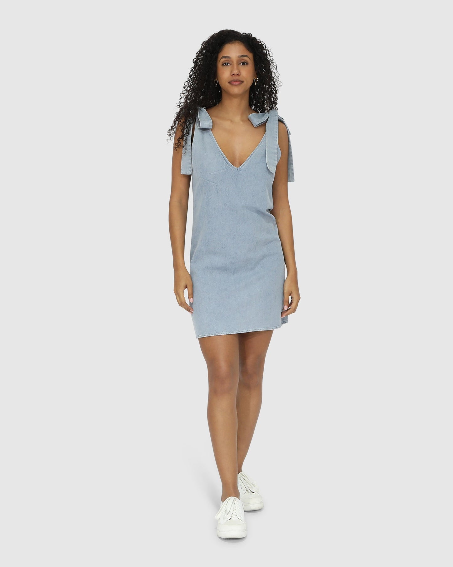 Burning Love Tie Shoulder Mini Dress - Stonewash