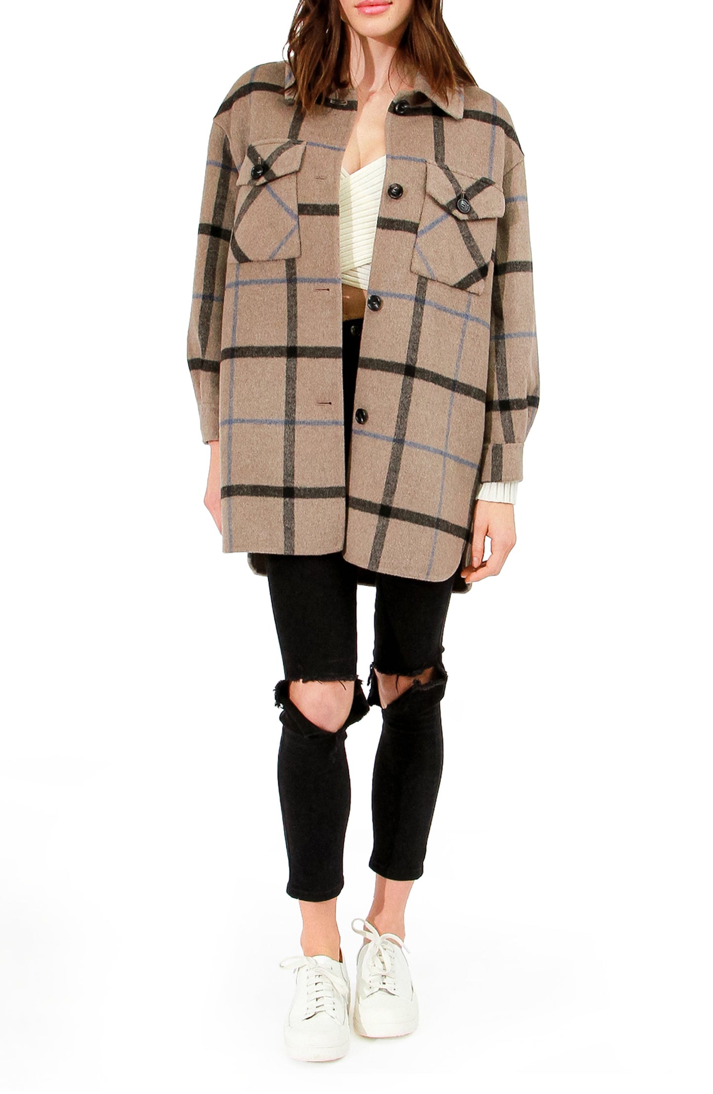 Back Together Belted Shacket - Oat Plaid