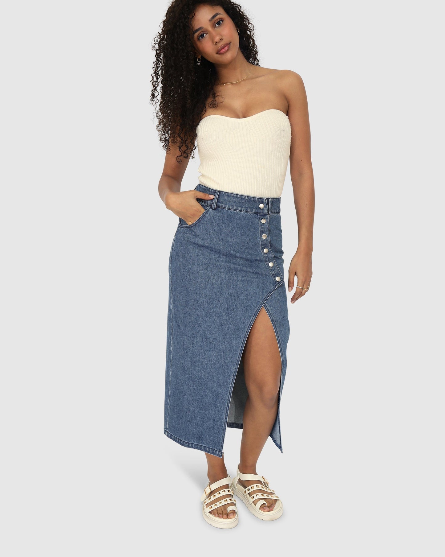 Can't Forget You Denim Midi Skirt - Mid Wash