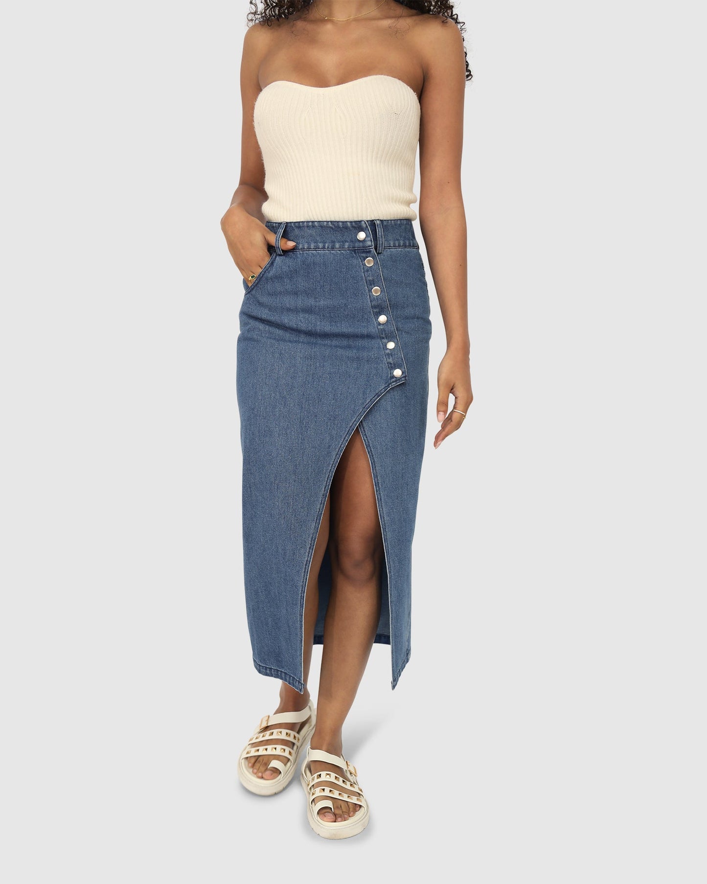 Can't Forget You Denim Midi Skirt - Mid Wash