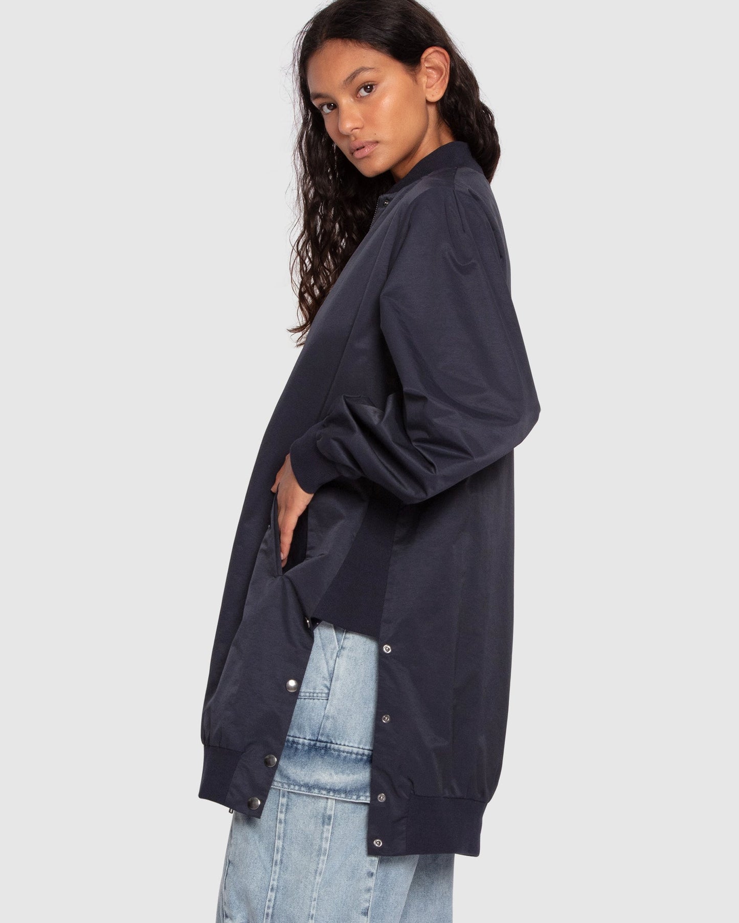 Chasing You Long Bomber Jacket - Navy