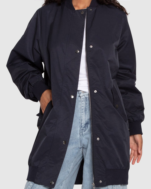 Chasing You Long Bomber Jacket - Navy