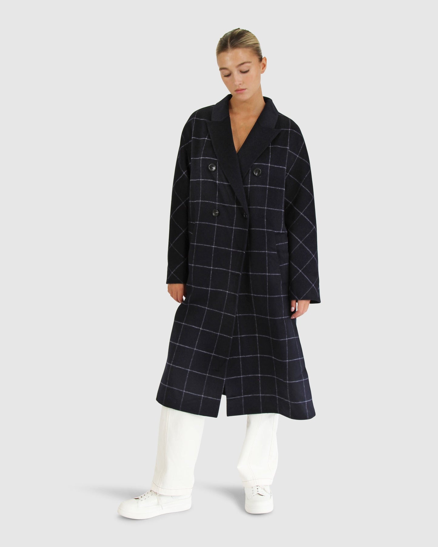 Guestlist Oversized Double Breasted Coat - Navy Plaid