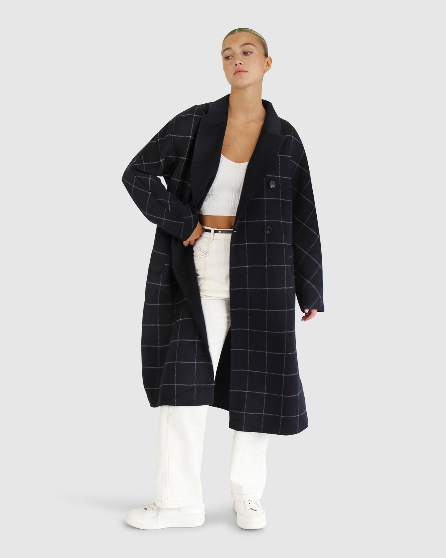 Guestlist Oversized Double Breasted Coat - Navy Plaid