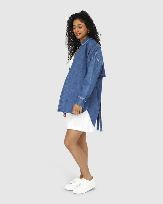 Into Him Oversized Denim Shirt - Mid Wash