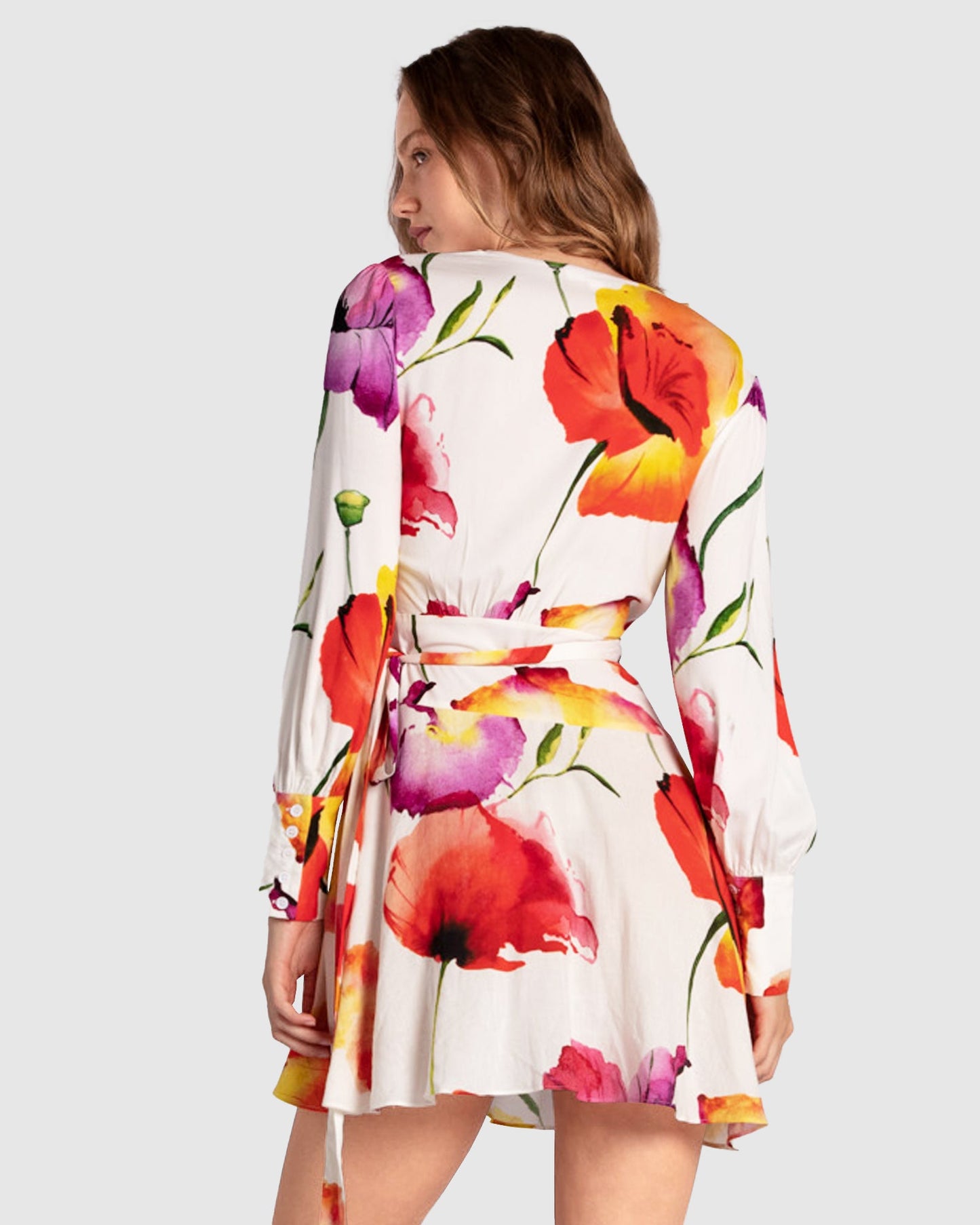 The Dancer Longsleeve Mini Wrap Dress - Wild Poppies