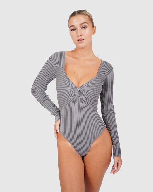 Think Twice Long Sleeve Bodysuit - Grey Marle