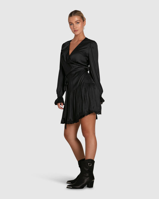 Wild Flower Embroidered Wrap Dress - Black