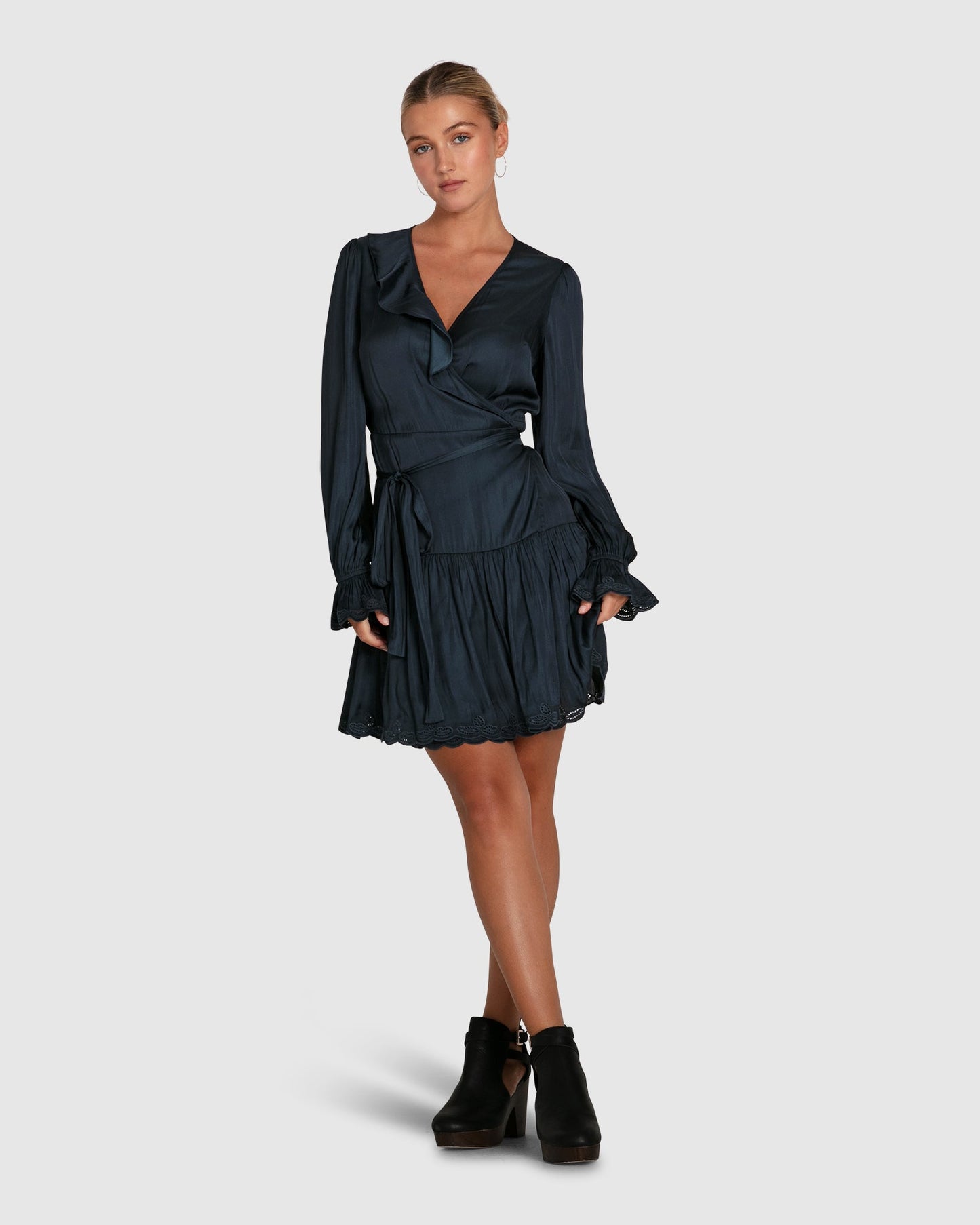 Wild Flower Embroidered Wrap Dress - Navy