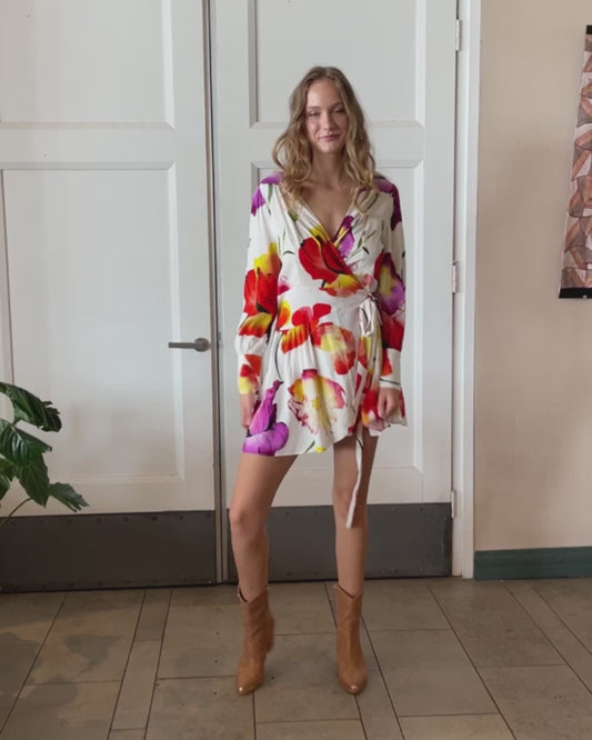 The Dancer Longsleeve Mini Wrap Dress - Wild Poppies