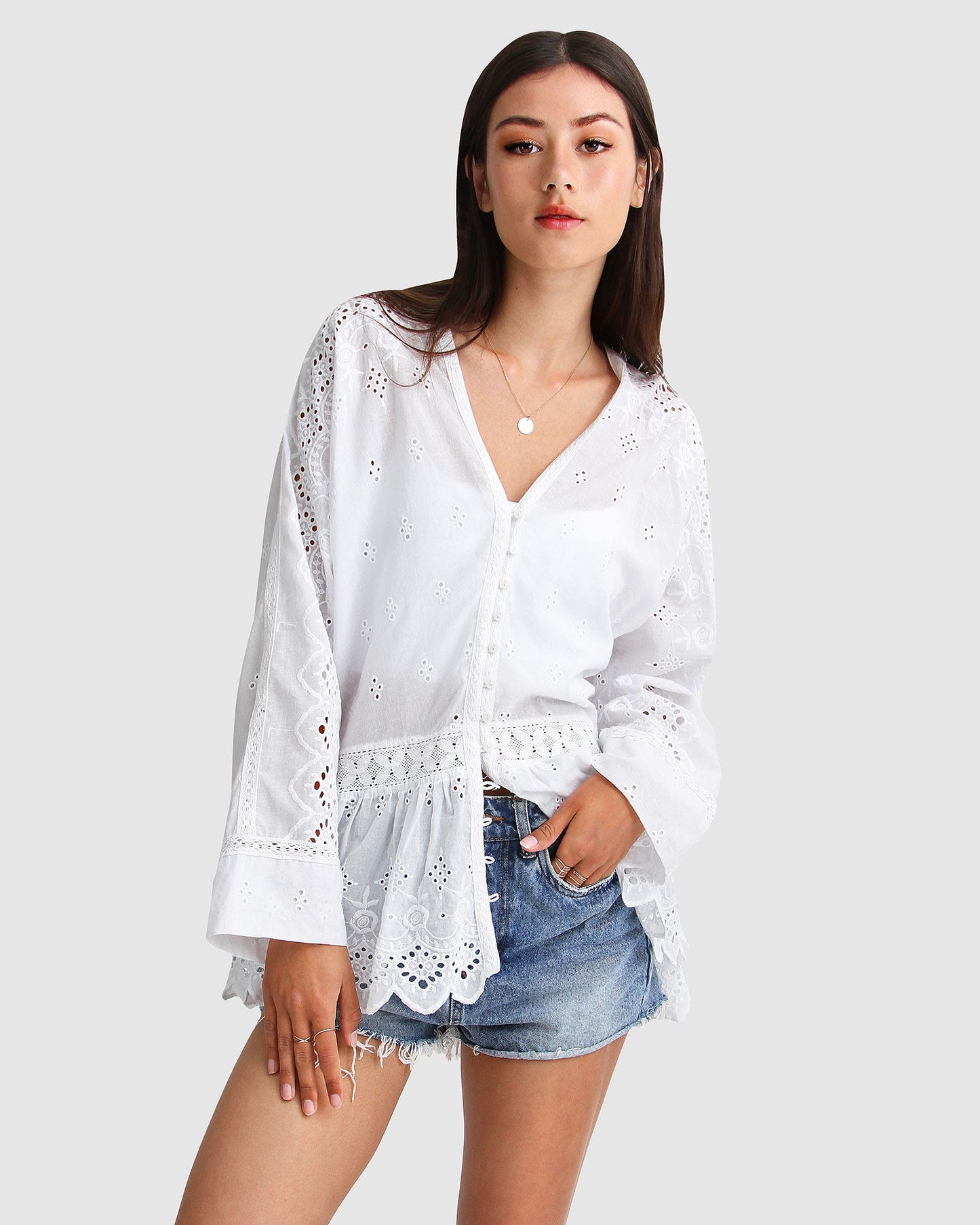 Unbutton Me Eyelet Button Down Shirt - White